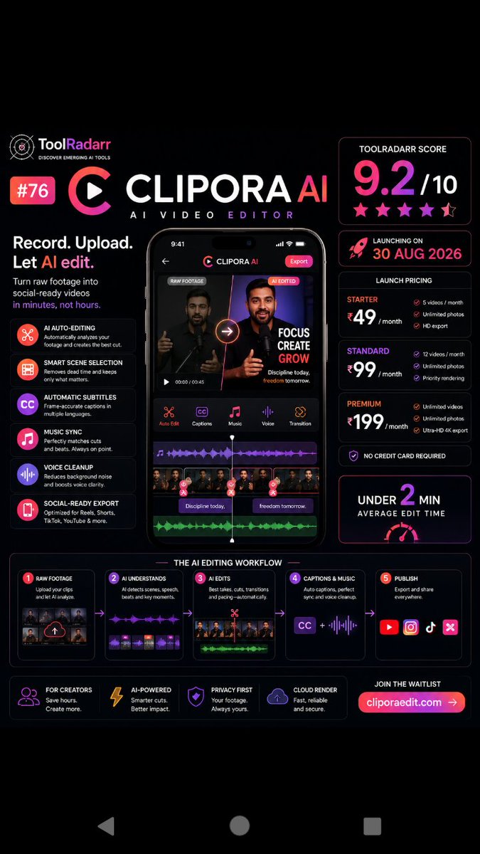 Tool_radarr's tweet photo. ToolRadarr #76: CLIPORA AI π¬
An upcoming AI video editor that turns raw footage into social-ready content.
βοΈ Auto-editing
π Captions
π΅ Music sync
π Voice cleanup
π± Reels & Shorts
From βΉ49/mo.
β 9.2/10
#ToolRadarr #CLIPORA https://t.co/AzxNjP4di6