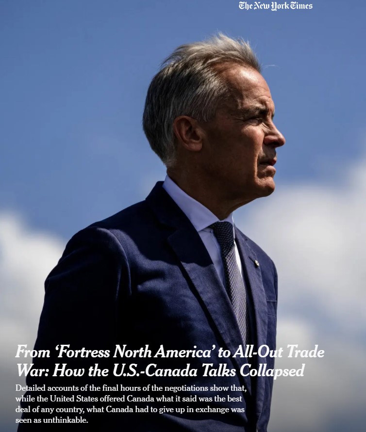 acormierd's tweet photo. L'article du New York Times  - pas exactement un média fan de Trump - contredit la version de Mark Carney et de Christine Fréchette sur la fin des négociations avec les États-Unis qui n'aurait rien à voir avec le français, mais bien avec l'industrie automobile et le protectionnisme continental que Washington voulait imposer à Ottawa.

Le lien en commentaire ⬇️