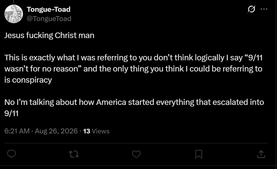 23CMBWC's tweet photo. @TongueToad @Kreepa_killa Hilarious cope block. Also it's fucking retarded to think that 9/11 was anything but a conspiracy. Again btw, not addressing a single thing and ruminating on this goalpost shift. https://t.co/EDuOpGgqeB