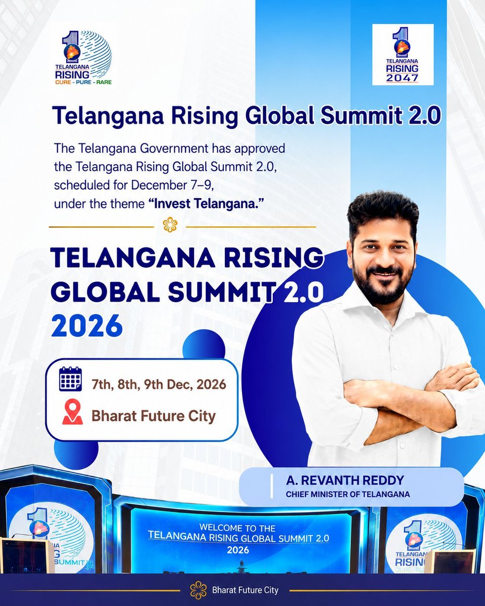 hyderabadprop's tweet photo. 🚀 Telangana Rising Global Summit 2.0 | 2026
Telangana is gearing up to showcase its next phase of growth, investment and global opportunities.

📅 Dec 7–9, 2026
📍 Bharat Future City
🎯 Theme: “Invest Telangana”

A major platform to accelerate investments, infrastructure and the vision of Telangana Rising 2047.
#TelanganaRising #InvestTelangana #Hyderabad #BharatFutureCity #RealEstate #Telangana