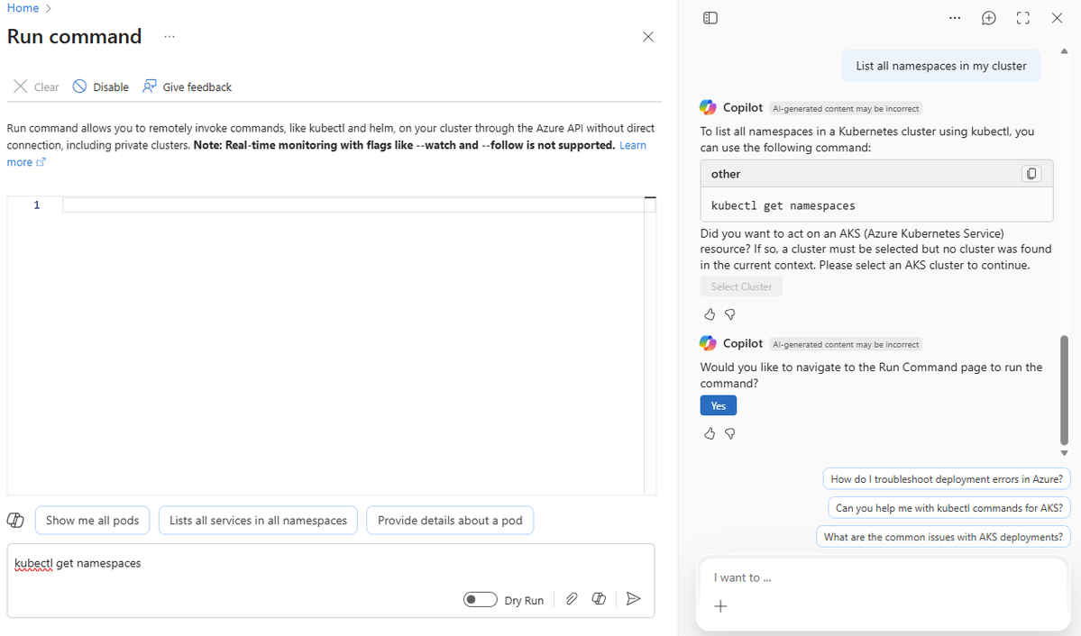 AzureSupport's tweet photo. 🚀 Simplify AKS management with Azure Copilot!
🔹 Run kubectl commands using natural language
🔹 Start and stop node pools faster
🔹 Manage cluster operations without leaving Azure Portal
Start here 👉 https://t.co/amHnzfdoO2
#Azure #AKS #AzureCopilot https://t.co/zpmSMQMRx9