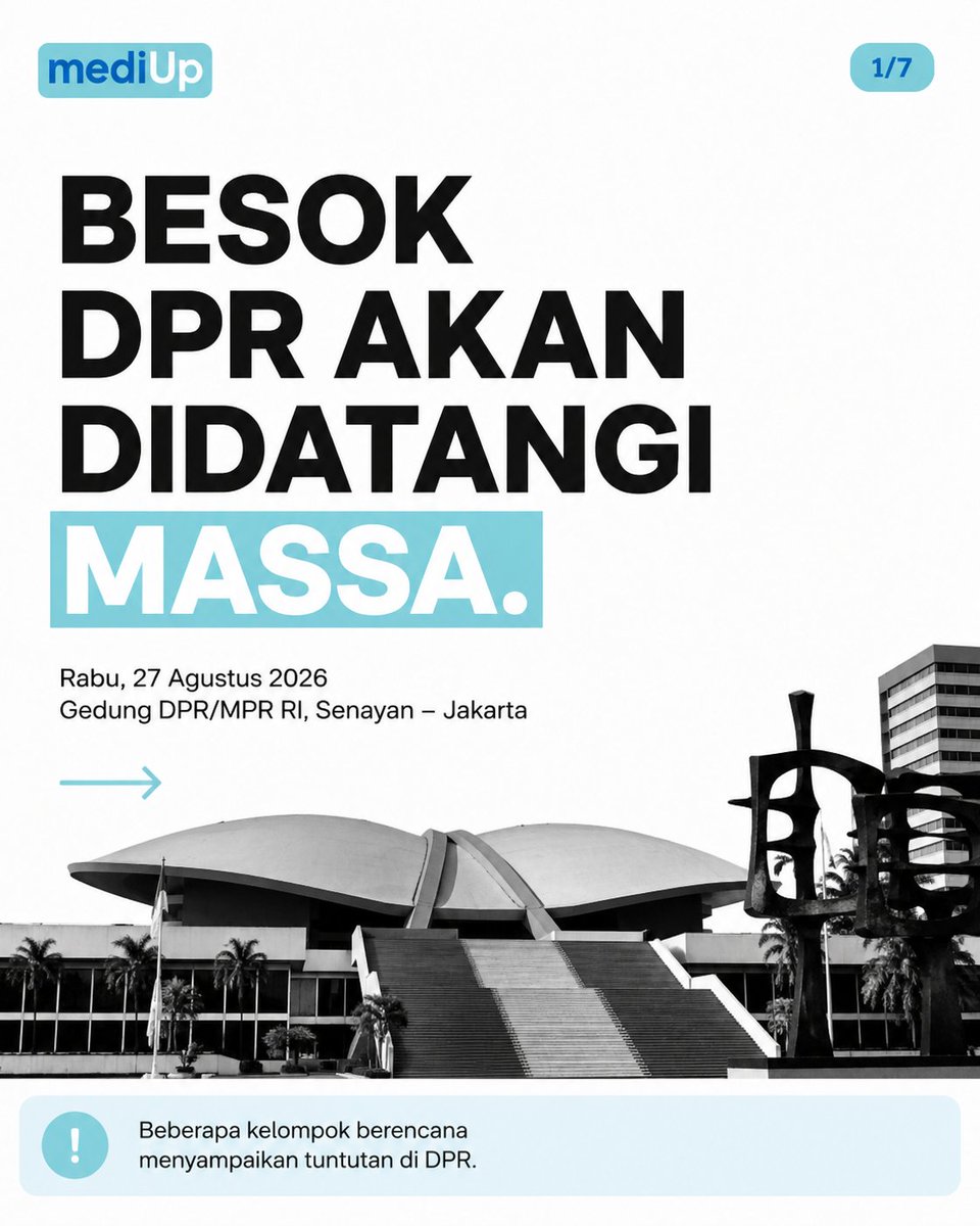 mediupid's tweet photo. Besok, 27 Agustus, sejumlah kelompok berencana menggelar aksi di depan DPR/MPR RI, Senayan.
Ada yang membawa tuntutan soal RUU Perampasan Aset, korupsi, perpajakan, upah buruh, hingga isu sosial lainnya. Di sisi lain, ada juga kelompok yang memilih menolak aksi tersebut.
Jadi, seberapa besar aksinya nanti? Apa saja tuntutannya? Dan bagaimana situasinya di Senayan?
Yang jelas, beda pendapat boleh.
Tapi jangan sampai perbedaan berubah jadi kericuhan.
Jaga diri. Jaga teman. Jaga tujuan. 🇮🇩
.
#MediUp #Demo27Agustus #DPR #RUUPerampasanAset #Indonesia