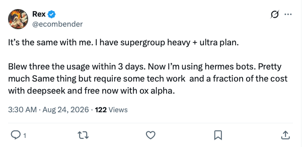 thisisdimm's tweet photo. I will continue to share feedback from SuperGrok Heavy users as well, which increasingly confirms that there is clearly an issue with how fast usage limits are being burned through in Grok.

@ecombender is yet another example of a user confirming it. https://t.co/Lv4SJOw5OU