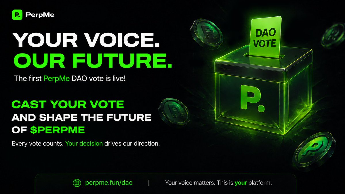 perpmefun's tweet photo. The first PerpMe DAO vote is open. 🗳️

$PERPME holders choose what the token does next buy back and burn, pay stakers, or reward holders. Weight is your balance at a snapshot block fixed when the vote opened, so buying now will not add weight.

Chat and suggestions are open to everyone, no $PERPME needed.

Voting is a signature: no transaction, no gas, coins stay in your wallet.

https://t.co/KmqDirtyCA