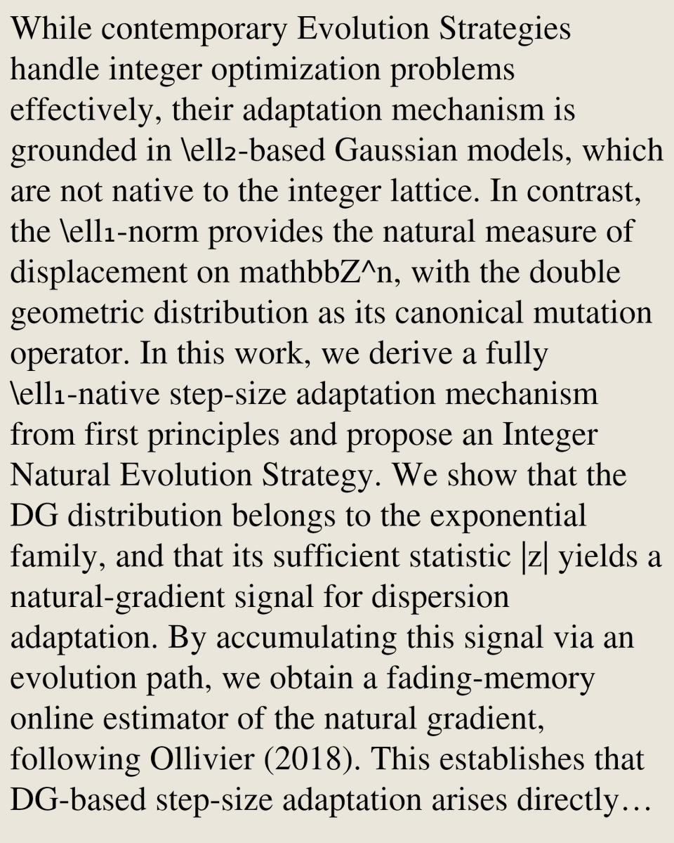 TAL's tweet photo. Integer Natural Evolution Strategies

Jacob de Nobel, Diederick Vermetten, Hao Wang, Ofer M. Shir, Michael Emmerich, Thomas Bäck
https://t.co/TmCaEPceB6 [𝚌𝚜.𝙽𝙴] https://t.co/U8OWaXk1EZ
