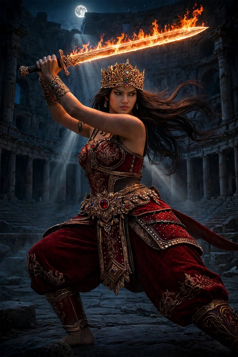 Nevergiveup_93's tweet photo. She didn't come to fight. She came to rule.
Moonlit arena. Flaming blade. One queen.
No mercy. No fear. Just legacy. 👑🔥
Warrior Queen 👑🔥
#WarriorQueen #RoyalAesthetic #FlamingSword #DarkRoyalty #FantasyArt #MoonlitArena #QueenVibes #EpicFantasy #AIArt #VampireQueen https://t.co/oTEnhiPec7