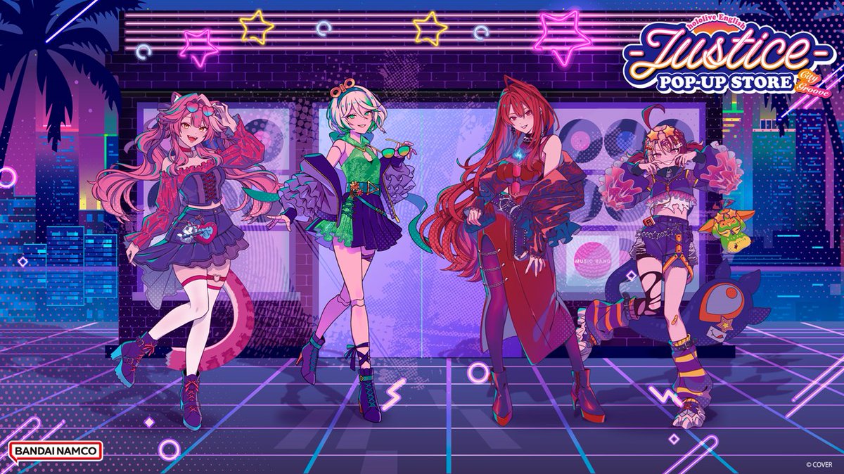 hololive_En's tweet photo. ✨🏙️City Groove incoming! 🏙️✨

We're excited to be partnering with Bandai Namco Amusement America for the hololive English -Justice- POP-UP STORE -City Groove! 🛒⚖️  

Stop by for new exclusive artwork, limited-edition merchandise, photo spots, and a fun mini game!  

🔽More Details
https://t.co/JYvgD7xBuT

🗓️ September, 2026 - March, 2027  
📍 Costa Mesa • San Jose • Plano • Brooklyn • Arlington Heights  

More info & updates 
👉 https://t.co/l2QdRRgIbH  

#hololiveEnglish #holoJustice