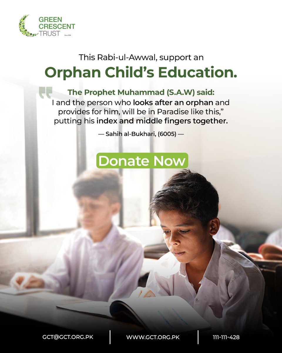 gctorg's tweet photo. A beautiful promise for those who care for an orphan.

This Rabi-ul-Awwal, turn compassion into action by helping an orphan child continue their education and move closer to their dreams.
Your support today can shape their tomorrow.
-
Visit https://t.co/j2gwmBIPiz to donate https://t.co/WAHvQpd2qA