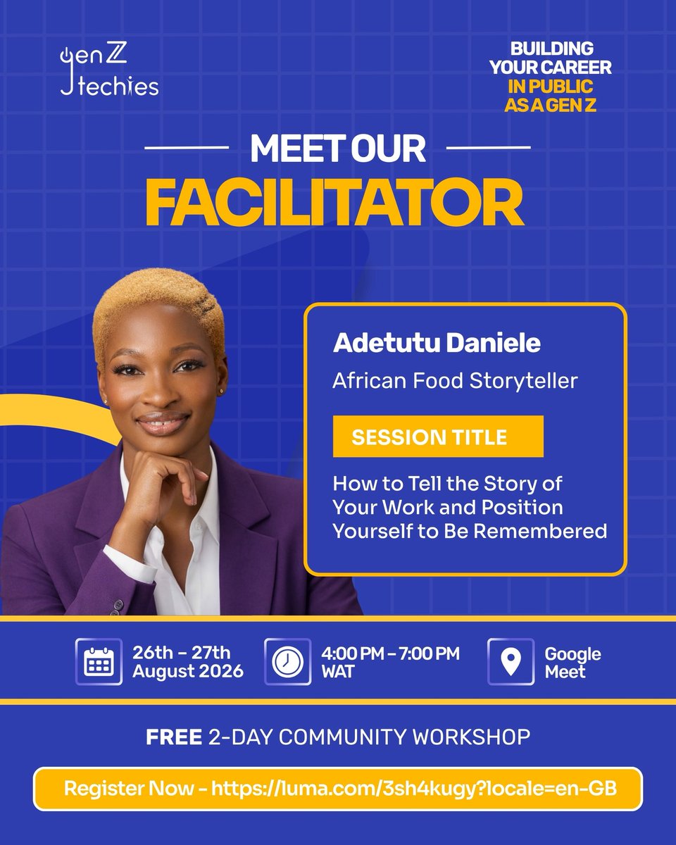 genztechies's tweet photo. Our facilitator lineup keeps getting better. 💜

Meet @adetutudaniele , African Food Storyteller and Brand Strategist, joining us for Building Your Career in Public as a Gen Z.

Her session, “How to Tell the Story of Your Work and Position Yourself to Be Remembered,” is for anyone doing good work but struggling to communicate it in a way that makes people understand their value, remember them, and know exactly what they bring to the table.

She’ll be taking us through storytelling, positioning, communicating your work and building a career identity that actually sticks.

📅 26th–27th August 2026
⏰ 4:00 PM–7:00 PM WAT
📍 Google Meet
🎟️ FREE

We start TODAY. If you haven’t registered yet, this is your last call.

https://t.co/LJeQWwFluH