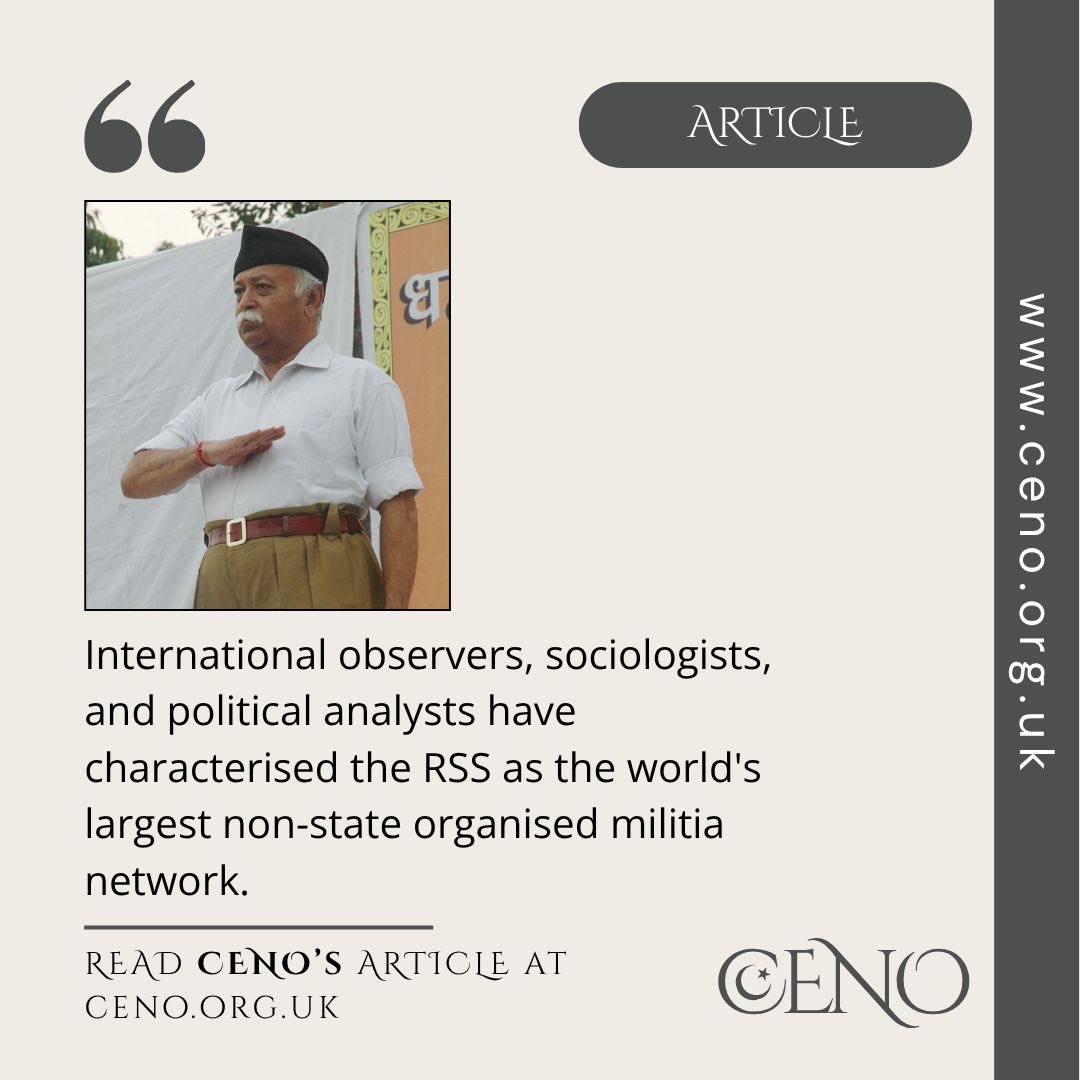 ceno_uk's tweet photo. The RSS has 6 million uniformed members, 80,000 daily shakhas (unit meetings) and a political wing BJP that governs India. Now its chief is speaking at Madison Square Garden. USCIRF wants sanctions. New York's mayor has spoken out. NGOs protest. Washington is choosing to look away. 

Read CENO's article “Sanctioning the Sangh: USCIRF, the RSS, and the Limits of US-India Strategic Partnership”: https://t.co/FQMY8vrDz9 

#MohanBhagwat #India #Washington #NewYork