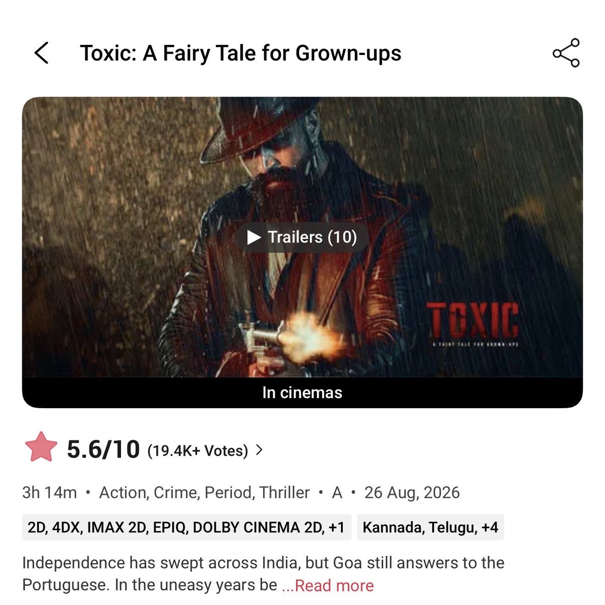 AbhiCreates10's tweet photo. 3 hours 14 minutes of period-crime-action… and the audience is already giving it a toxic 5.6 #toxic https://t.co/0Ms9yyhaqg