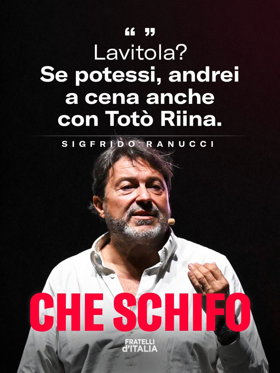 FratellidItalia's tweet photo. Qui siamo al delirio più totale.

Dire che si andrebbe a cena con Totò Riina significa calpestare la memoria delle vittime della mafia e il dolore di quelle famiglie che hanno pagato con il sangue la ferocia di Cosa Nostra.

E tutto questo dopo essersi addirittura paragonato a Giovanni Falcone.

Ranucci ha oltrepassato ogni limite. Ci sono nomi, famiglie e vite spezzate davanti alle quali certe parole non possono essere pronunciate con tanta leggerezza.

Il rispetto per le vittime viene prima di qualsiasi provocazione.

Ranucci chieda scusa e abbia almeno la decenza di provare vergogna.