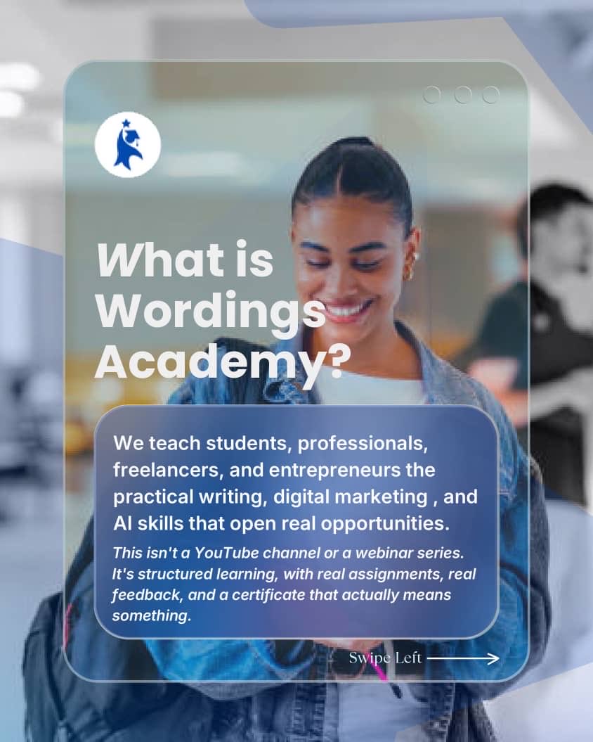 WordingsAcademy's tweet photo. Been wondering what Wordings Academy is about? Who it's for? What you get?

Wonder no more — swipe through 👇

Registration is open and still free. Go save your seat.
https://t.co/pfl14rRhif

#WordingsAcademy #EnrollNow https://t.co/rqXhCIqIbB