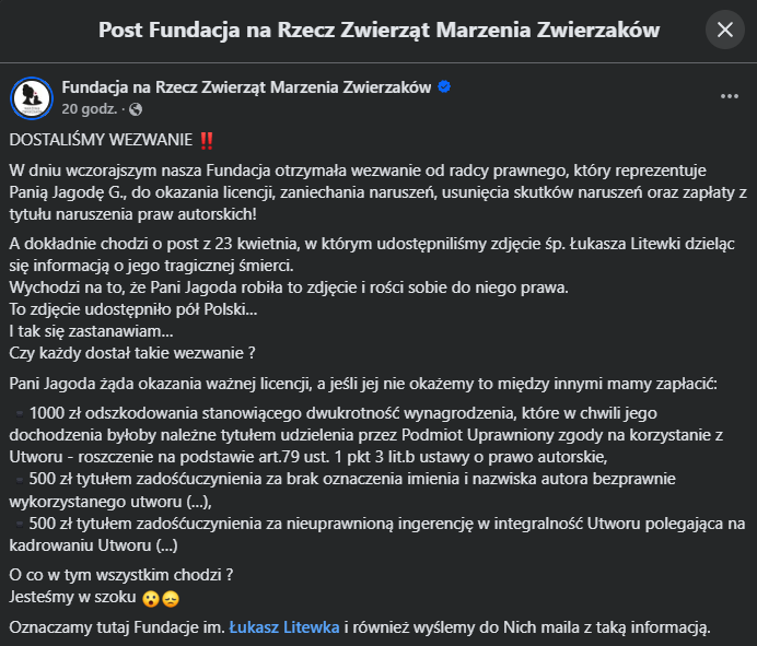 sknerus_'s tweet photo. ‼️ Fotografka żąda 2000 zł za wykorzystane zdjęcie Łukasza Litewki w nekrologu!

W sieci pojawiły się informacje o sytuacji, w której fotografka miała zażądać 2000 zł od rodziny zmarłego Łukasza Litewki za wykorzystanie zdjęcia w nekrologu.

Jak wynika z opisu, fotografia została wykonana podczas płatnej sesji, a rodzina miała później wykorzystać zdjęcia w nekrologach.

Teraz fotografka ma rozsyłać wezwania do zapłaty, powołując się na naruszenie praw autorskich do zdjęć.

Sprawa wzbudza spore emocje, bo chodzi o fotografię osoby zmarłej, wykonaną wcześniej na zlecenie rodziny.

Poniżej więcej ⤵️