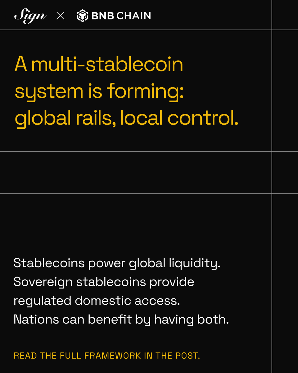 BNBCHAIN's tweet photo. Why are governments talking about sovereign stablecoins now?

Three signals are converging:
→ Cross-border payments are still expensive
→ Dollar stablecoins move globally, but local currency access remains fragmented
→ Digital reach is growing faster than banking access

@Sign’s sovereign stablecoin framework breaks down what’s driving the shift.

Swipe to learn more 👉