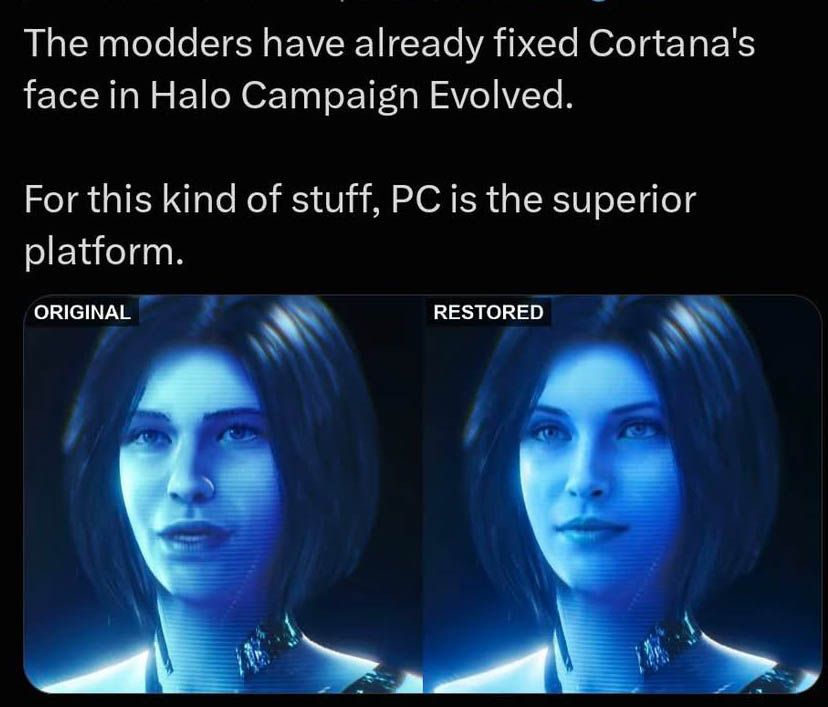 gamemove's tweet photo. PC modders have fixed Cortana's face in Halo Campaign Evolved, wdyt? 😅🥰
#haloce #halo https://t.co/ouEhU6GZGb