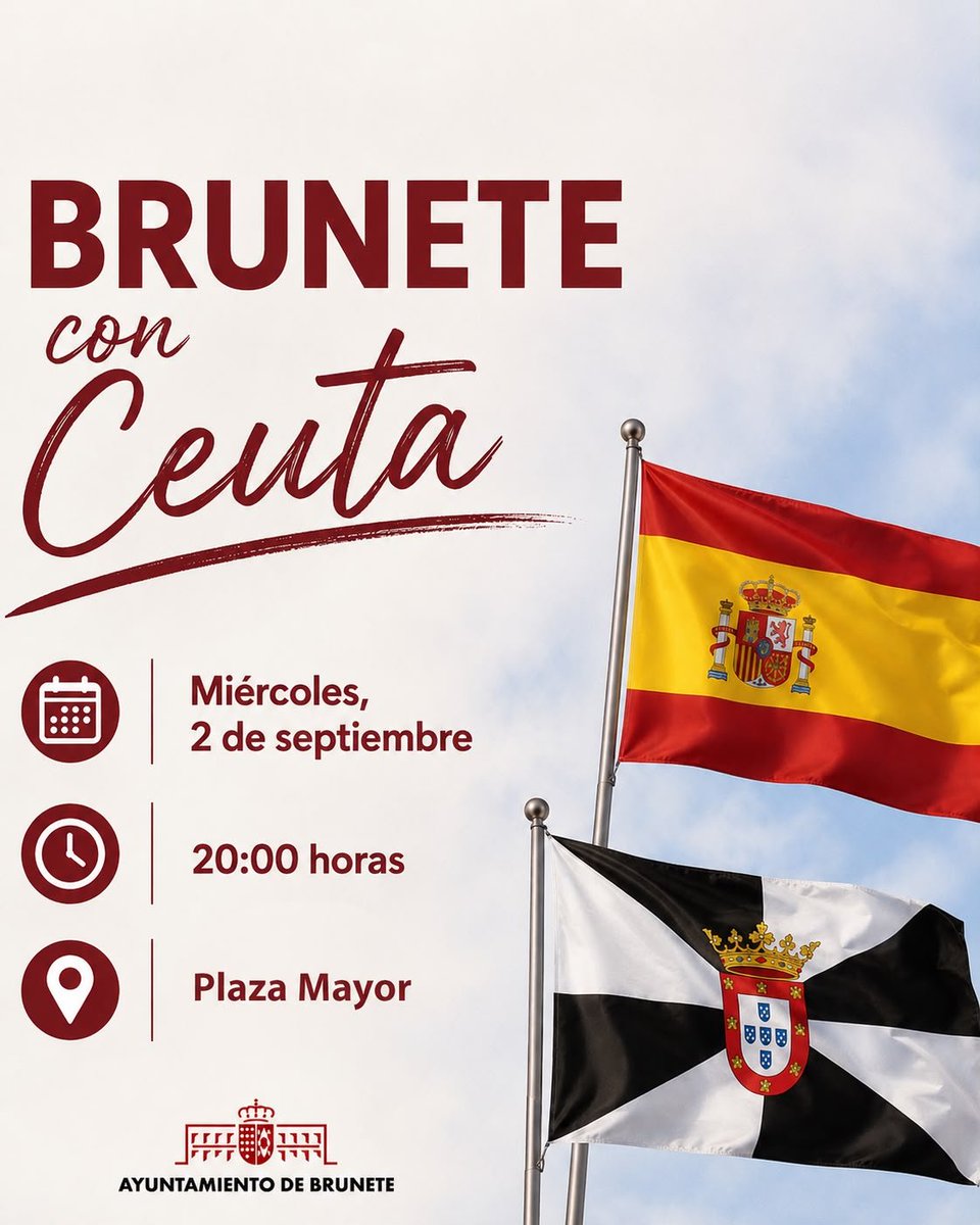 AytoBrunete's tweet photo. BRUNETE CON CEUTA. Ceuta no está sola.
En Brunete no miramos hacia otro lado. Nos sumamos con el corazón a las iniciativas de @fempcomunica y @FedMMadrid en apoyo a Ceuta y a su gente.
#2deSeptiembre a las 20:00h en la Plaza Mayor de Brunete.

#BRUNETECONCEUTA #CeutaNoEstáSola https://t.co/WA42Xalxhb