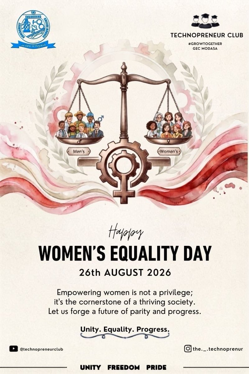 technopreneur_1's tweet photo. On this *Women's Equality Day - 26th August*, we celebrate not just the strength of women, but the power of a balanced world.
Letโs break the biasโฆ
Happy Women's Equality Day!
#WomensEqualityDay #GECModasa #TechnopreneurClub #GrowTogether https://t.co/DDHv3l1BNI