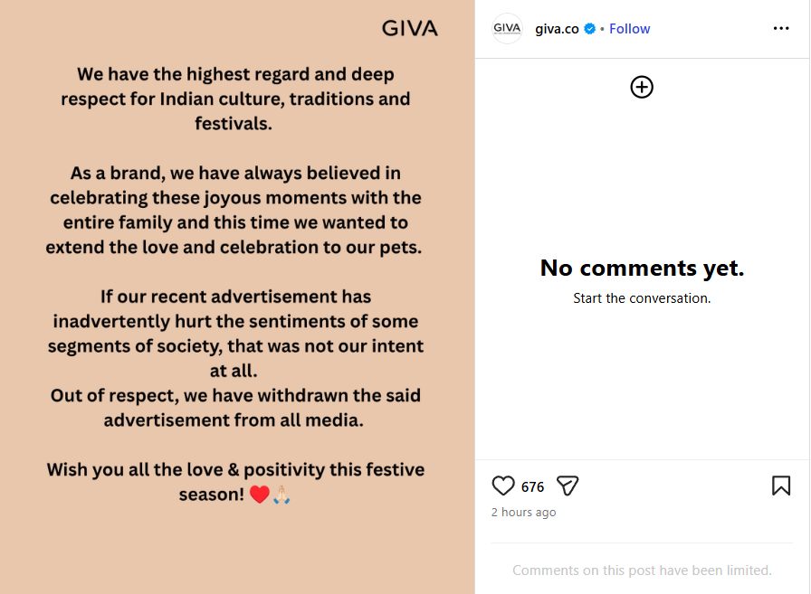 ANI's tweet photo. GIVA removes its Raksha Bandhan ad featuring actress Kriti Sanon. 

GIVA -- "We have the highest regard and deep respect for Indian culture, traditions and festivals. As a brand, we have always believed in celebrating these joyous moments with the entire family and this time we wanted to extend the love and celebration to our pets. If our recent advertisement has inadvertently hurt the sentiments of some segments of society, that was not our intent at all. Out of respect, we have withdrawn the said advertisement from all media."