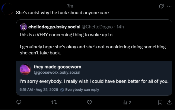 ChelleDoggo's tweet photo. here we go.

look. i'm not gonna tell you that you HAVE to forgive Goose for her past tweets.

but she's a human being struggling with mental illness and (possibly) substance abuse.

nobody deserves to suffer like that.

you don't have to like her, but have some fucking empathy. https://t.co/ItsIJJ7c9e