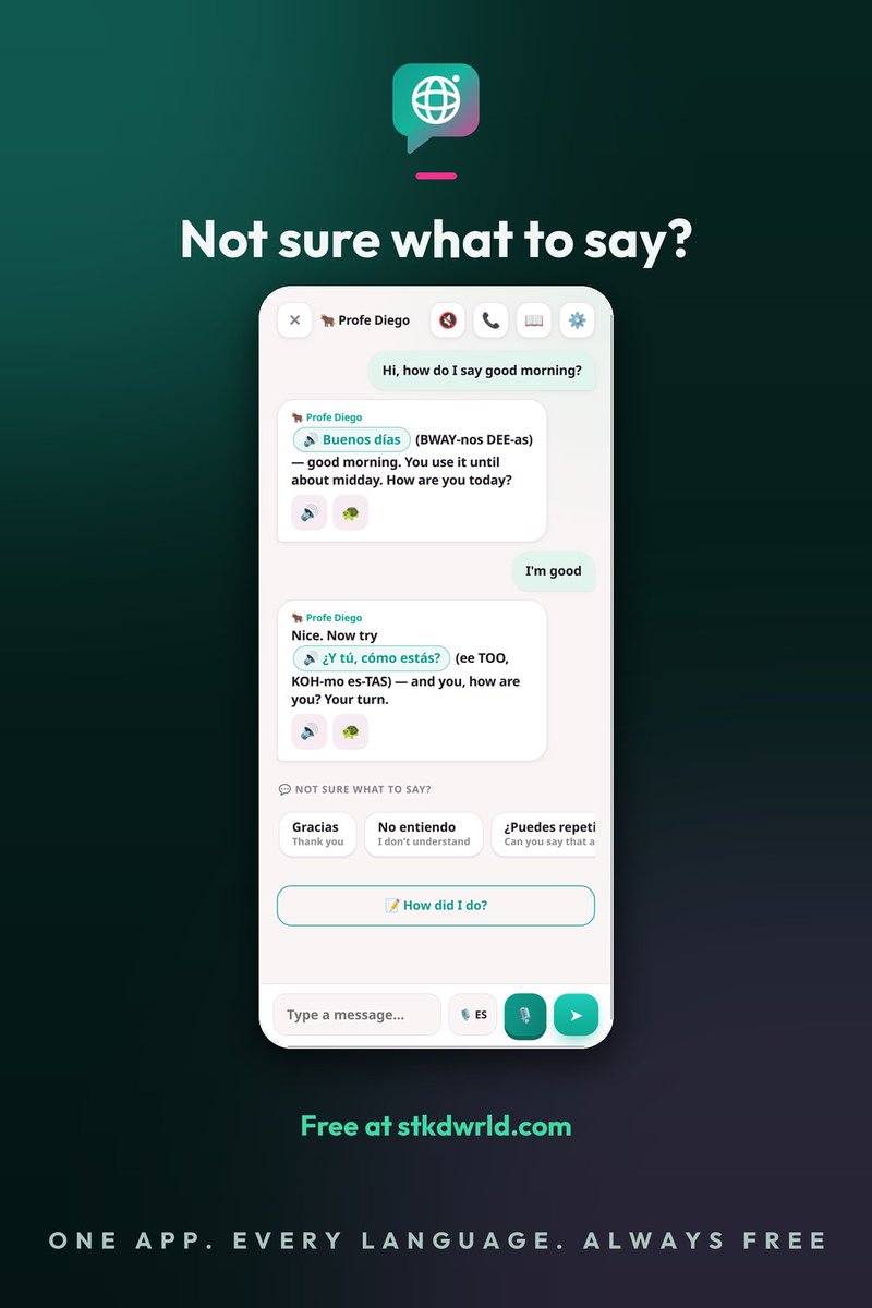 stkdwrld's tweet photo. Not sure what to say?
The teacher offers three phrases the course already taught you.
Tap one and you have said something.

Free at https://t.co/b3g33wkJ7R

One app. Every language. Always free https://t.co/tSiFKyX0ts