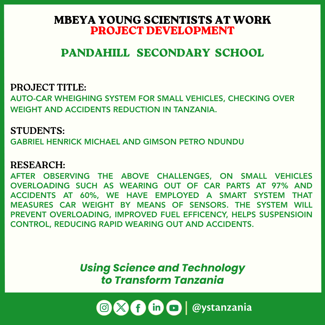 ystanzania's tweet photo. Young innovators Gabriel Henrick Michael and Gimson Petro Ndundu of Pandahill Secondary School are developing an automated vehicle weighing system using sensors to reduce overloading and improve road safety. #ScienceForDevelopment #STEM #Innovation https://t.co/MsfIHnXwLT