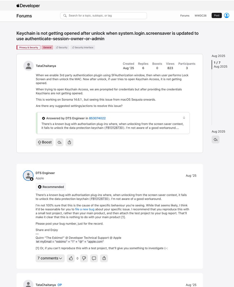 swyx's tweet photo. PSA: do not use codex "locked use" capabilities right now. it is currently relying on unstable mac features and has completely locked me out of my macos keychain twice this week. 

thx @_chenglou for linking to apple developer forums acknowledging this is a "known bug". just avoid. ofc, would be nice to do everything in cloud, but cloud isn't there yet.