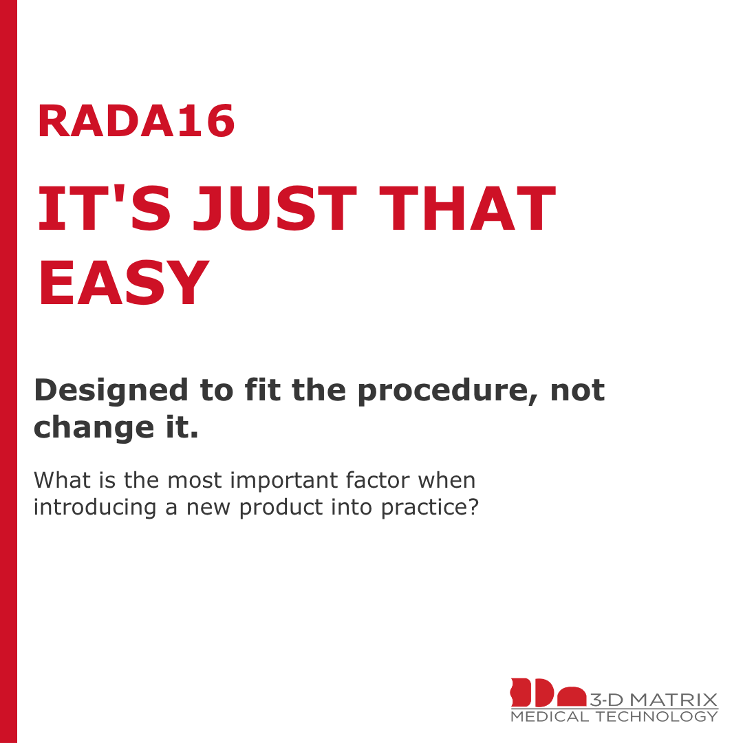 3dm_emea's tweet photo. Healthcare professionals adapt to enough variables during a procedure. Products should not be one of them.

Fits seamlessly into existing workflows.
Designed to fit the procedure, not change it.
It's Just That Easy.

#3dmatrix #rada16 #beyondhaemostasis #healthcareinnovation https://t.co/dEgUESPQmT