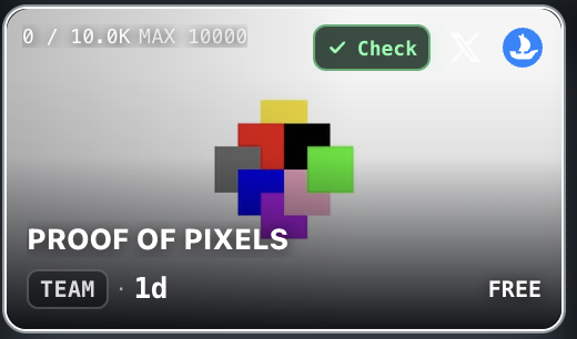 Seawin_eth's tweet photo. GTD x 60 for PROOF OF PIXELS — Free mint. 

DYOR for more project details.

Follow @Seawin_eth  and @PROOF_PIXELS 

Drop your wallet address below and see if luck’s on your side. https://t.co/rCHBlJtHQt