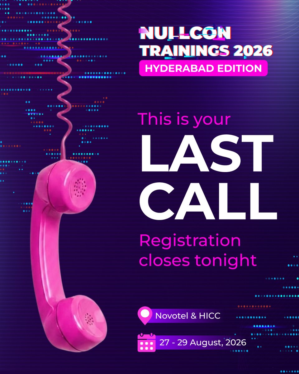 nullcon's tweet photo. Registrations for #NullconHyderabadTrainings2026 close tonight. 

Register now: https://t.co/29VYfAENuK

@adversarial_nik, @jitendrachauhan (@emulateai), Jayant Sharma, Rahul Binjve, Darshit Ashara (@zscaler), @_sudhackar, @riyazwalikar, @anantshri (@cyfinoid), Bibek Sapkota https://t.co/izzIE9Yszo