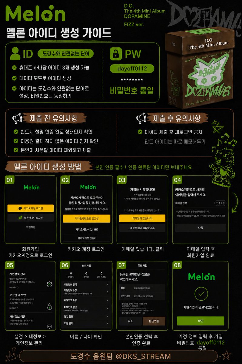DKS_STREAM's tweet photo. 𝗧𝗵𝗮𝘁'𝘀 𝗗𝗢𝗣𝗔𝗠𝗜𝗡𝗘

[📢] 멜론/지니/벅스 아이디 생성 가이드 (26.08.ver)

✅️ 음원팀 제출용 아이디 생성 시, 비밀번호는 'dayoff0112' 로 통일해주세요!
✅️ 번호 1개당 3개의 아이디를 만들 수 있으니 팬 여러분들의 많은 참여 부탁드립니다🙏 
✅ 자세한 내용은 아래 사진을 참고해주세요⤵️

#DOPAMINE #도파민
#도경수 #DOHKYUNGSOO #KYUNGSOO #디오 #DO(D.O.) #ドギョンス #都敬秀