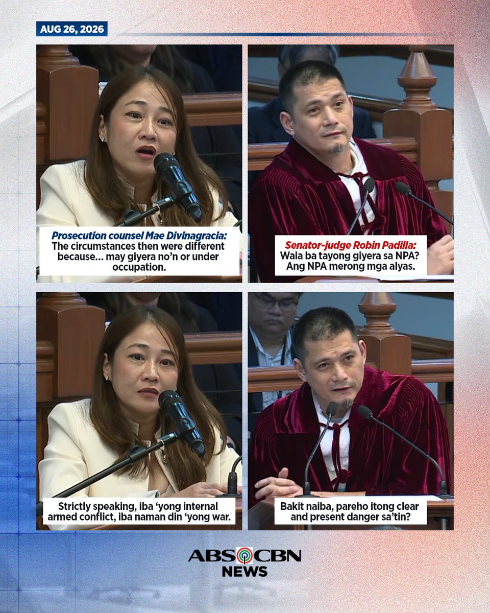 ABSCBNNews's tweet photo. Ipinupunto ni Senator-judge Robin Padilla na walang pinagkaiba ang paggamit ng alyas ng mga bayani at sa panahon ngayon, pero giit ng prosekusyon, iba na ang circumstances ngayon. #VPOnTrial https://t.co/zSXB2xskRq