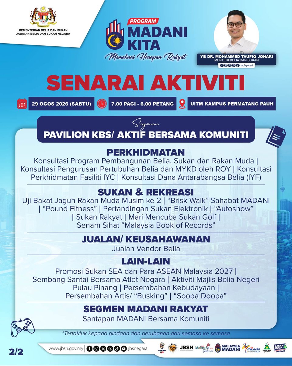 PBSDSPUPenang's tweet photo. Program MADANI Kita Kini di Permatang Pauh, Pulau Pinang! 📷📷

📷 : 29 Ogos 2026 (Sabtu)
📷 : 7.00 pagi - 6.00 petang
📷 : UiTM Kampus Permatang Pauh

P/s: Tertakluk kepada perubahan dan pindaan dari semasa ke semasa ya 📷 https://t.co/zhEyEkFDE3