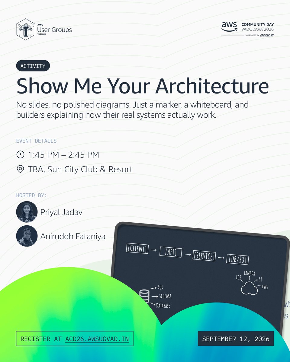 awsugbdq's tweet photo. One marker. One system. Let’s trace it. 🖊️

At ACD’26, Show Me Your Architecture is a walk-in activity hosted by Priyal and Aniruddh. Bring a real system, grab the marker, and walk us through it.

📍 Sun City Club, Vadodara
📅 Sept 12

🎟️ https://t.co/tFGPGV5N3w

#AWSCommunityDay https://t.co/YxkyLS3Tf4
