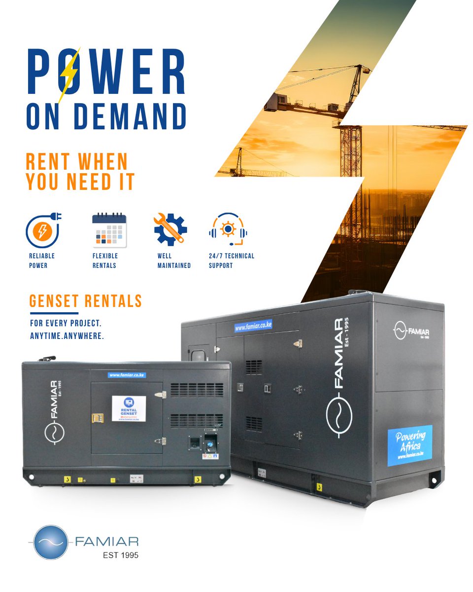 FamiarSystems's tweet photo. Rent a genset today: 0727317777
Discover More : https://t.co/2pORMJUMmk
#GensetRental #RentalGenset #PowerOnDemand #TemporaryPower #PowerSolutions #ReliablePower #DieselGenset #BackupPower #IndustrialPower #PowerRental https://t.co/0a7HqDXHQd