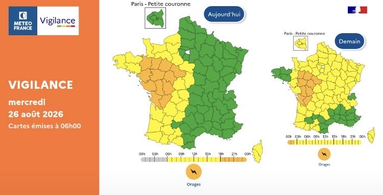 meteofrance's tweet photo. 🟠 Vigilance Orange orages pour 12 départements de l’Ouest ce mercredi à compter de 18h. 

⛈️ Risque de grêle, pluies fortes avec cumuls horaires pouvant atteindre 30mm, rafales de vent de 80 km/h à 100 km/h, activité électrique intense.

⚠️ https://t.co/SBcDaJ3wuk https://t.co/AtXFiRIcmi