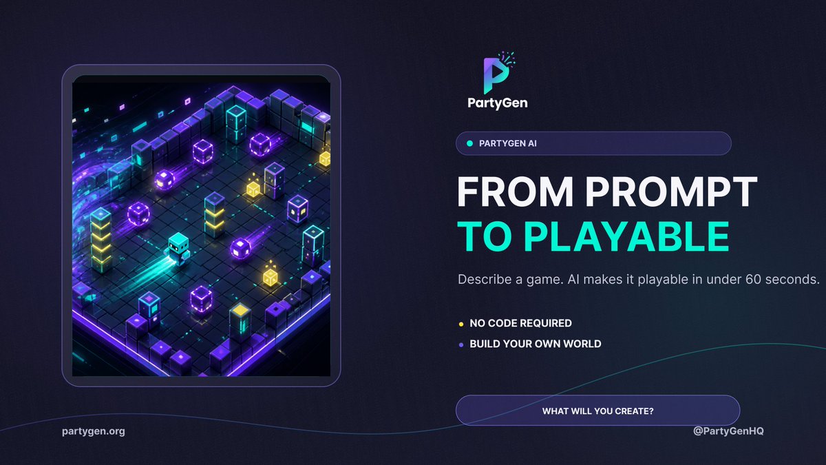 PartyGenHQ's tweet photo. From prompt to playable in under 60 seconds. ⚡

No code required. Just describe your game, and let AI build your world instantly. 🎮

What world will you create first? 🎈

#PartyGen #AIGaming #Web3 https://t.co/2bGDQTkRGt