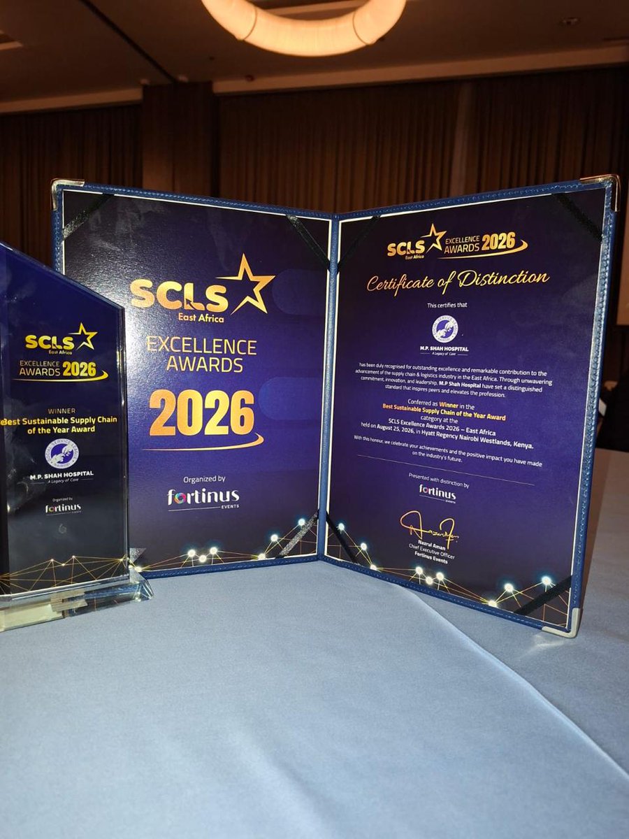 MPShahhospital's tweet photo. Join us in celebrating our incredible Supply Chain team! 🥳🏆

We are proud to have been named Best Sustainable Supply Chain Award at the 4th Annual Supply Chain &amp; Logistics Summit East Africa 2026. https://t.co/T43zprTjG8