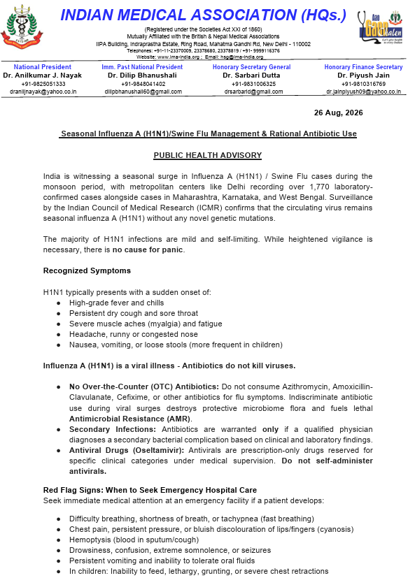 ANI's tweet photo. "Heightened vigilance is necessary; there is no cause for panic," says the Indian Medical Association as it issues a Public Health Advisory on Seasonal Influenza A (H1N1)/Swine Flu management &amp; rational antibiotic use. https://t.co/SRYc3FMCIL