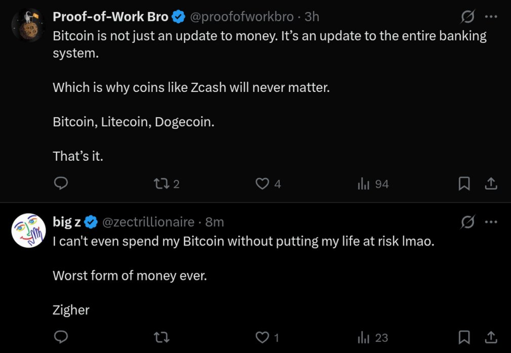 TailEmission's tweet photo. @proofofworkbro I would rather pay a random person from my bank account than using Bitcoin. Transparency kills. Also my timeline seems to agree. Lets just replace Zcash with Monero. https://t.co/9TMmsZonHv