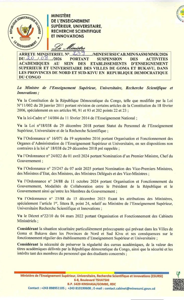 ChristianM36fu's tweet photo. Nord et Sud-Kivu : le ministère de l’ESU suspend les activités académiques à Goma et Bukavu https://t.co/8Uhqxm3LeB https://t.co/XZ1DGy0rMq