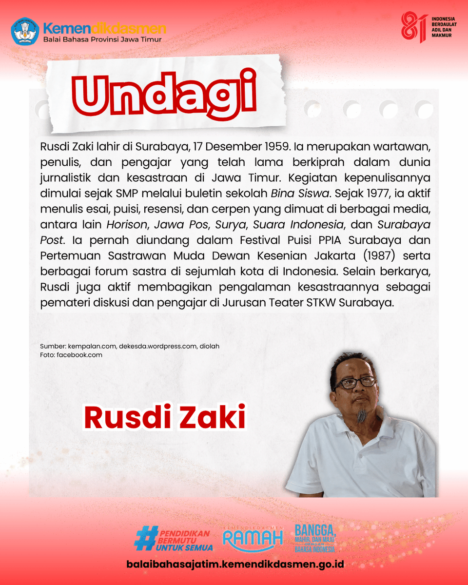 BB_Jatim's tweet photo. Mengenal Rusdi Zaki, penulis, wartawan, dan pengajar asal Surabaya. Aktif menulis sejak 1977, ia menghasilkan esai, puisi, resensi, dan cerpen yang dipublikasikan di berbagai media, seperti Horison, Jawa Pos, Surya, dan Surabaya Post. https://t.co/cKjLm6AS0N