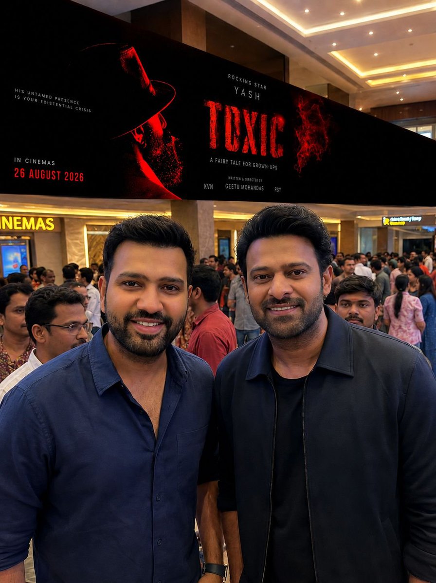 Worship_hittu45's tweet photo. Rohit Sharma and Prabhas anna  watching the morning show of the movie  Toxic  in Mumbai.🐐🔥 https://t.co/aWsF6QJYGU
