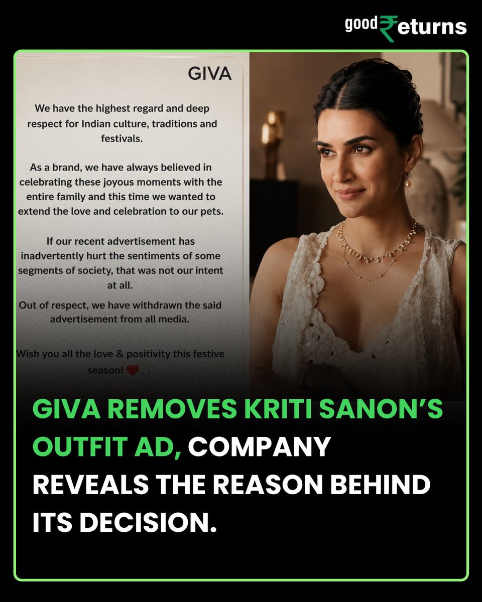 GoodReturns_'s tweet photo. Jewellery brand GIVA’s advertisement featuring Kriti Sanon, released around Raksha Bandhan, sparked controversy on social media. Amid growing criticism, the company removed the advertisement from all platforms. 

#KritiSanon #GIVA #KanganaRanaut #RakshaBandhan #GRWealth https://t.co/4tqhNMyxXF