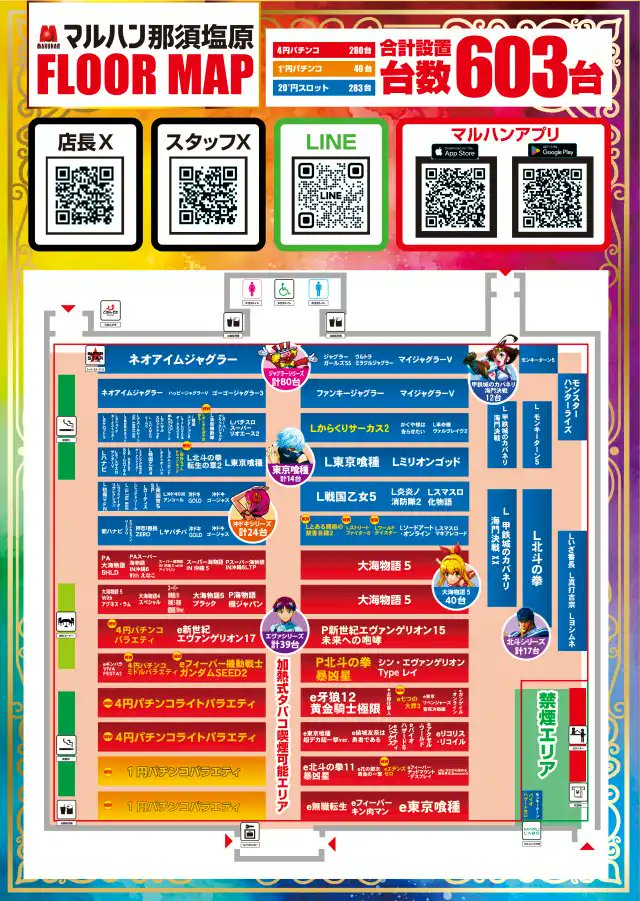 no01576's tweet photo. 📅8月27日
🏠マルハン那須塩原店
👑スロッター✕スロッター ALL STAR【神】
👑旧イベ日『⑦のつく日』

🔥継続して力を入れている⑦のつく日
🔍過去の傾向から狙い目を分析
✅機種単位で優秀台
✅3台並びで優秀台
✅特定末尾が1/2以上で優秀台
✅上記3つ全てが発動‼️

⏬前回（8/17）⏬
・抽選：128名
✅機種実績
・L炎炎ノ消防隊2
┗393番台 +6,100枚
✅並び実績
・12箇所
✍東京喰種
418 +10,400枚
421 +9,100枚
✍カバネリ海門
568 +4,800枚
569 +3,800枚
570 +3,300枚
✍モンハンライズ
590 +9,000枚
591 +6,300枚
592 +9,600枚
✅特定台番
・末尾⑦
337 とある魔術2 +7,000枚
367 L南国育ちSP +5,300枚
577 スマスロ北斗 +3,700枚
587 モンキー5 +2,000枚

前回は東京喰種から
+10,400枚＆+9,100枚と強烈な反応💥

モンハンライズも3台並びで
+9,000枚、+6,300枚、+9,600枚と
3台揃って大きく出玉を伸ばした🔥

カバネリ海門も3台並びで
全台+3,000枚超と存在感を発揮✨️

ジャグラーではファンキー2や
ネオアイムにも好反応を確認🤡

末尾⑦でもとある魔術2、L南国育ちSP、
スマスロ北斗、モンキー5などに見どころあり👀

【神】開催×旧イベ日『⑦のつく日』となる今回も
機種単位・3台並び・特定末尾の三方位から
好調箇所を探りたい一日💪