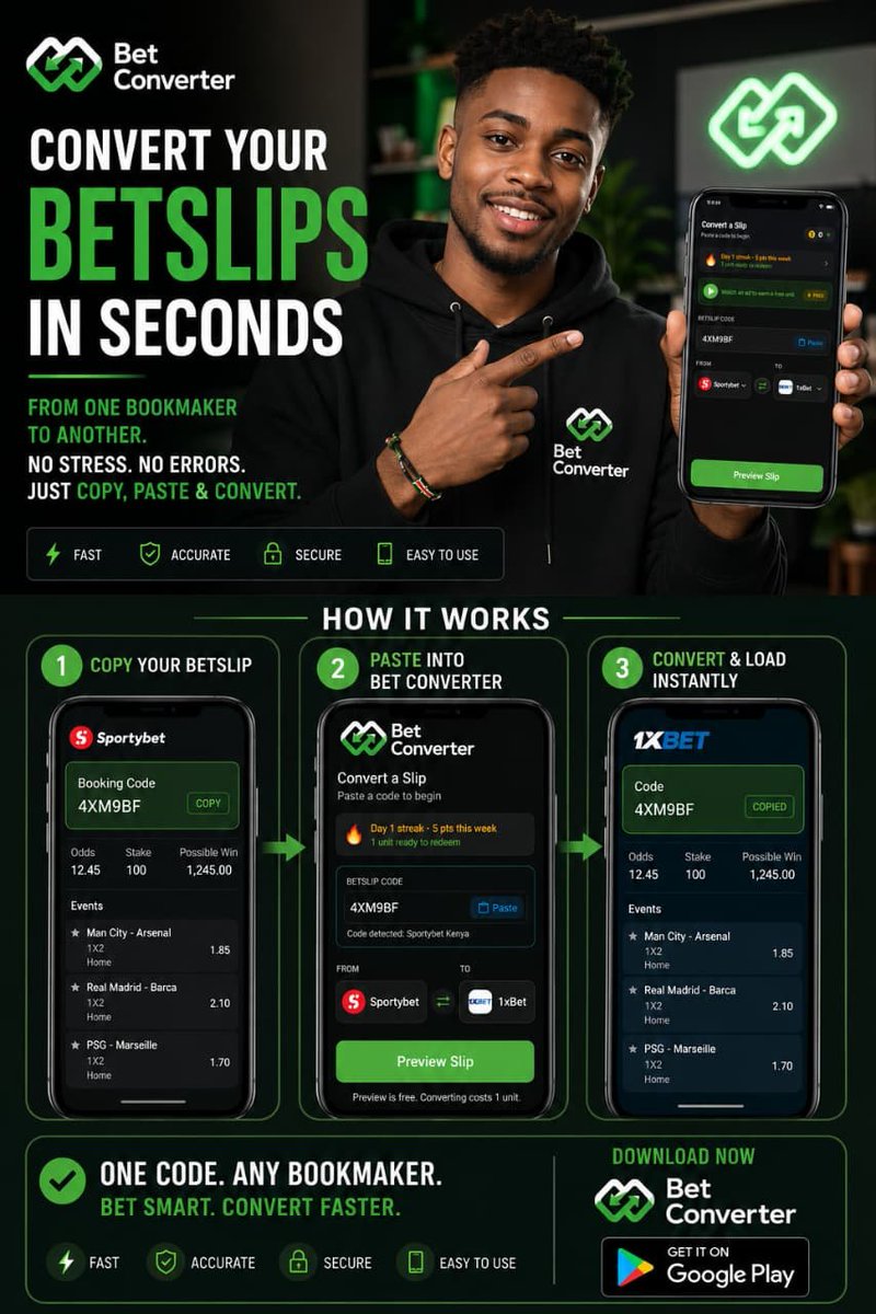 convertmyslip's tweet photo. @betikaKe Ground wanasema vingine.
Anyways waugwana mnaeza convert betsslip from other bookies to betika.
Get started now .
Sai kuna slip inaeza kuffnaya millionaire hapa.
Wacha tuone kama betika watalia.
Link ni hii
https://t.co/lApdMsCgur https://t.co/CP4HfMUN5Q