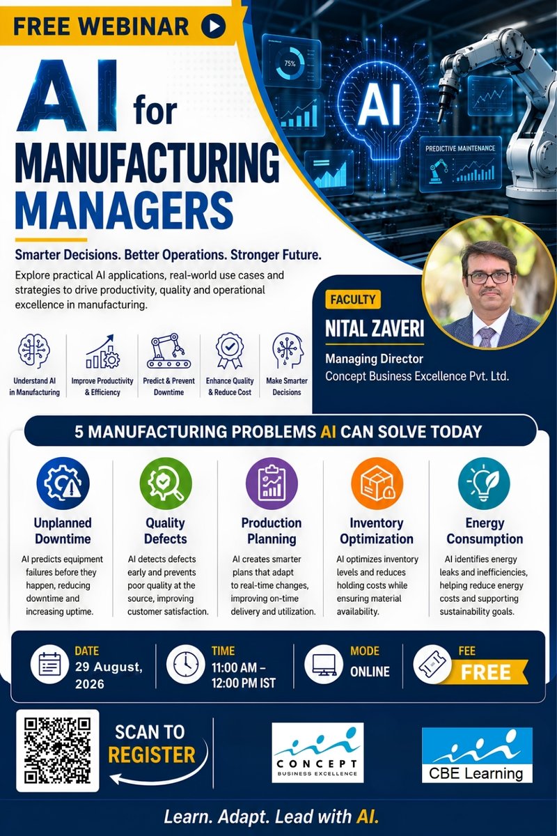 CBEPL_Group's tweet photo. Join our Free Webinar: AI for Manufacturing Managers to explore practical applications and real-world use cases for improving productivity, quality, and operational excellence.

Register here: https://t.co/rLh2vZl3EF https://t.co/s4NxEwgVac