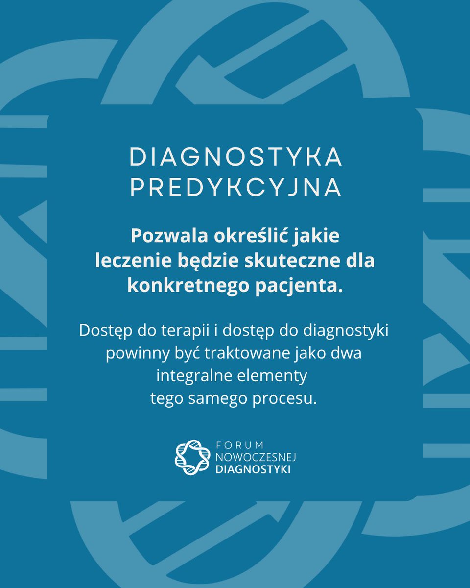 ForumNDpl's tweet photo. 🧬 Pozwala określić jakie leczenie będzie skuteczne dla danego pacjenta.

DIAGNOSTYKA PREDYKCYJNA ocenia cechy nowotworu, które mogą wskazywać, czy zastosowanie określonego leczenia ma szansę przynieść pacjentowi korzyść. Właśnie dlatego wraz z rozwojem medycyny personalizowanej jej znaczenie staje się coraz większe.

Dzięki odpowiednio przeprowadzonej diagnostyce lekarz/zespół otrzymuje informacje niezbędne do kwalifikacji pacjenta do określonych terapii i wyboru postępowania dopasowanego do charakterystyki jego choroby.

W praktyce diagnostyka predykcyjna opiera się przede wszystkim na dwóch uzupełniających się obszarach:

𝘽𝙖𝙙𝙖𝙣𝙞𝙖 𝙞𝙢𝙢𝙪𝙣𝙤𝙝𝙞𝙨𝙩𝙤𝙘𝙝𝙚𝙢𝙞𝙘𝙯𝙣𝙚 (𝙄𝙃𝘾)
To analiza białek obecnych w komórkach nowotworu. Dzięki nim można określić https://t.co/xbCUmHprG5.:
– czy guz wykazuje obecność określonych receptorów (np. hormonalnych),
– jak intensywnie dzielą się komórki nowotworowe,
– czy obecne są białka będące celem terapii celowanych.
To właśnie na podstawie takich badań lekarz może zdecydować, czy pacjent może skorzystać np. z hormonoterapii czy immunoterapii.

𝘽𝙖𝙙𝙖𝙣𝙞𝙖 𝙢𝙤𝙡𝙚𝙠𝙪𝙡𝙖𝙧𝙣𝙚 (𝙜𝙚𝙣𝙚𝙩𝙮𝙘𝙯𝙣𝙚)
Analizują materiał DNA lub RNA nowotworu. Pozwalają wykryć:
– mutacje genów napędzających rozwój nowotworu,
– zmiany warunkujące odpowiedź na leczenie,
– biomarkery kwalifikujące do terapii celowanych
Dzięki nim możliwe jest dobranie leczenia „szytego na miarę” – takiego, które działa na konkretny mechanizm choroby u danego pacjenta.

➡️W efekcie diagnostyka predykcyjna pozwala odpowiedzieć na pytanie „które leczenie ma największą szansę zadziałać u tego konkretnego pacjenta?”
Ma to kluczowe znaczenie, ponieważ:
🔹 zwiększa skuteczność terapii,
🔹 pozwala unikać leczenia nieskutecznego,
🔹 ogranicza działania niepożądane,
🔹 umożliwia kwalifikację do nowoczesnych terapii celowanych i immunoterapii,
🔹 pozwala ograniczyć koszty nieskutecznych terapii oraz powikłań.

Dlatego dostęp do terapii i dostęp do diagnostyki powinny być traktowane jako dwa elementy tego samego procesu.

𝙅𝙚��̇𝙚𝙡𝙞 𝙨𝙮𝙨𝙩𝙚𝙢 𝙪𝙢𝙤𝙯̇𝙡𝙞𝙬𝙞𝙖 𝙨𝙩𝙤𝙨𝙤𝙬𝙖𝙣𝙞𝙚 𝙣𝙤𝙬𝙤𝙘𝙯𝙚𝙨𝙣𝙮𝙘𝙝 𝙡𝙚𝙠𝙤́𝙬, 𝙥𝙤𝙬𝙞𝙣𝙞𝙚𝙣 𝙧𝙤́𝙬𝙣𝙞𝙚𝙯̇ 𝙯𝙖𝙥𝙚𝙬𝙣𝙞𝙖𝙘́ 𝙥𝙖𝙘𝙟𝙚𝙣𝙩𝙤𝙢 𝙩𝙚𝙧𝙢𝙞𝙣𝙤𝙬𝙮 𝙙𝙤𝙨𝙩𝙚̨𝙥 𝙙𝙤 𝙗𝙖𝙙𝙖𝙣́ 𝙣𝙞𝙚𝙯𝙗𝙚̨𝙙𝙣𝙮𝙘𝙝 𝙙𝙤 𝙬ł𝙖𝙨́𝙘𝙞𝙬𝙚𝙟 𝙠𝙬𝙖𝙡𝙞𝙛𝙞𝙠𝙖𝙘𝙟𝙞 𝙙𝙤 𝙡𝙚𝙘𝙯𝙚𝙣𝙞𝙖.

Dlatego jednym z priorytetów Forum Nowoczesnej Diagnostyki jest zapewnienie pełnego finansowania badań predykcyjnych oraz rozwój kompleksowej diagnostyki molekularnej.

#ForumNowoczesnejDiagnostyki #DiagnostykaPredykcyjna #DiagnostykaMolekularna #Onkologia #MedycynaPersonalizowana