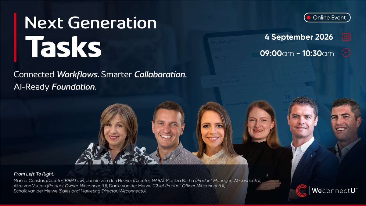 WomeninSecTitle's tweet photo. We’re proud to support our valued partner and WiST sponsor, WeconnectU, as they unveil The Next Generation of Tasks.

Friday, 4 September | 09:00 SAST

Register to join WeconnectU and industry experts for this insightful session:  https://t.co/Lmo7gGquyk https://t.co/d6Dbe6fiEV