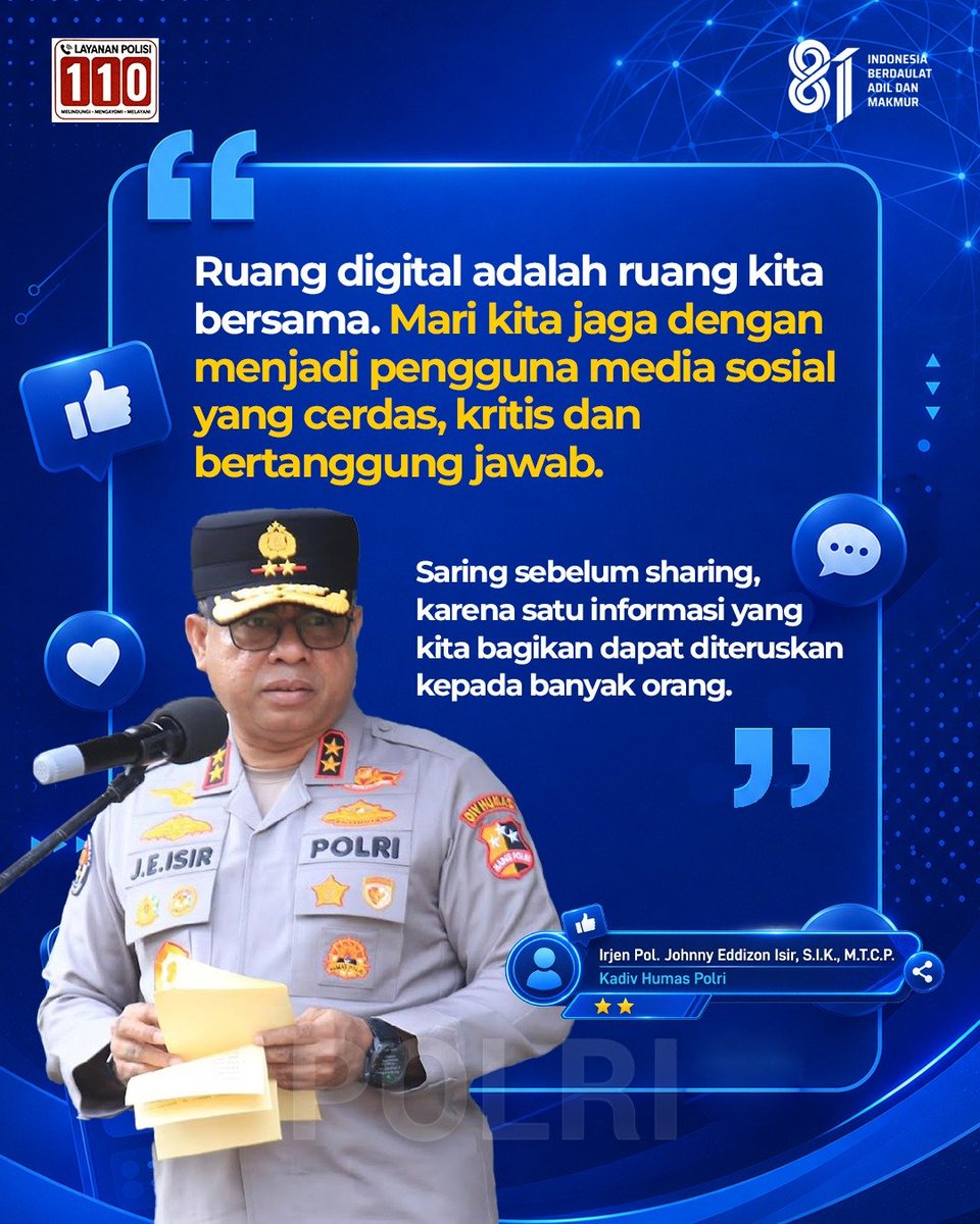 PolresW42361's tweet photo. Kadiv Humas Polri, Irjen Pol. Johnny Eddizon Isir, S.I.K., M.T.C.P., mengajak masyarakat untuk lebih cermat dalam menerima dan menyebarkan informasi di ruang digital.  #DamaiSuarakanAspirasi https://t.co/g7VW9ZVM5Q
